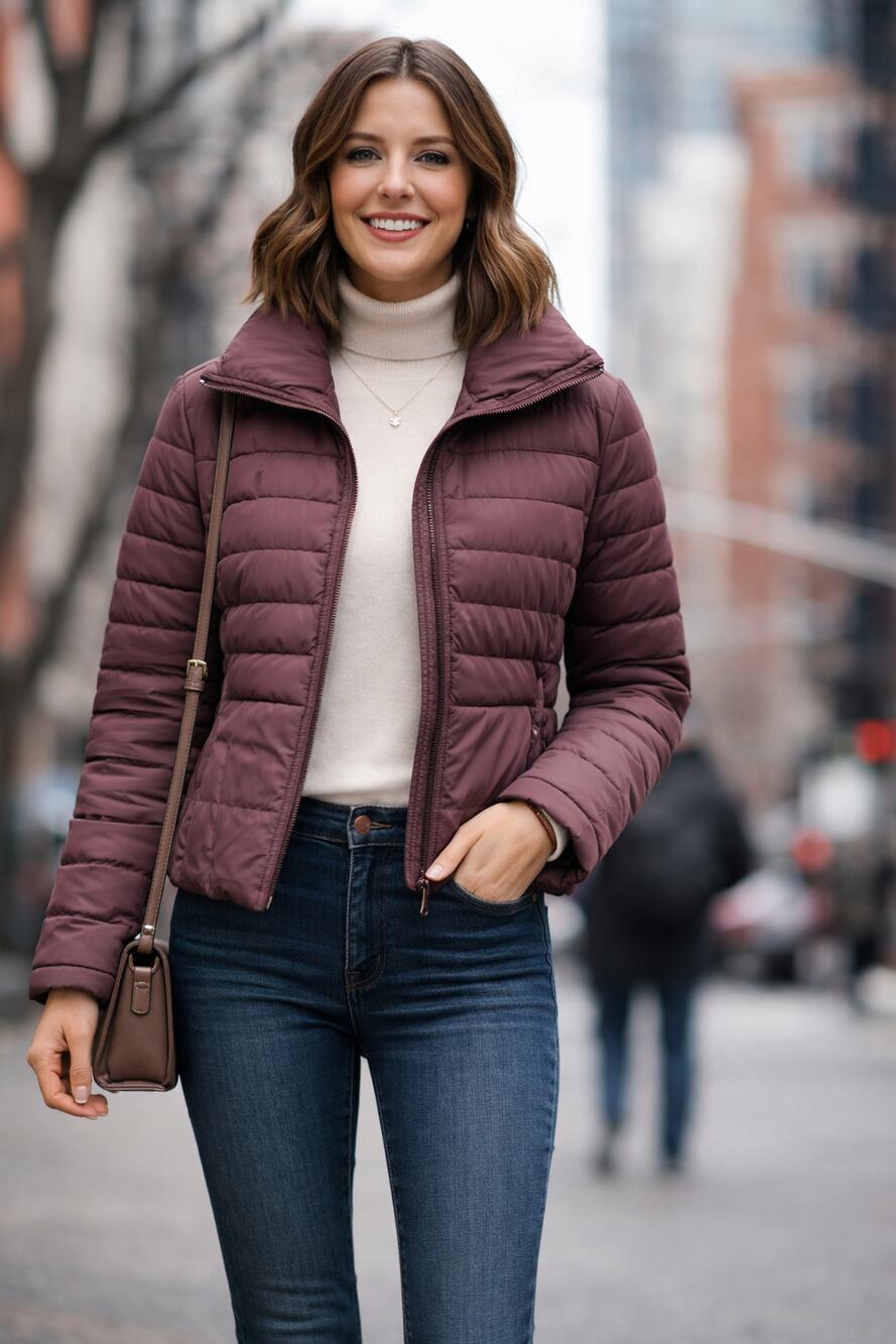 Kenneth Cole Reaction Womens Mauve Full-Zip Insulated Down Puffer Jacket Size L